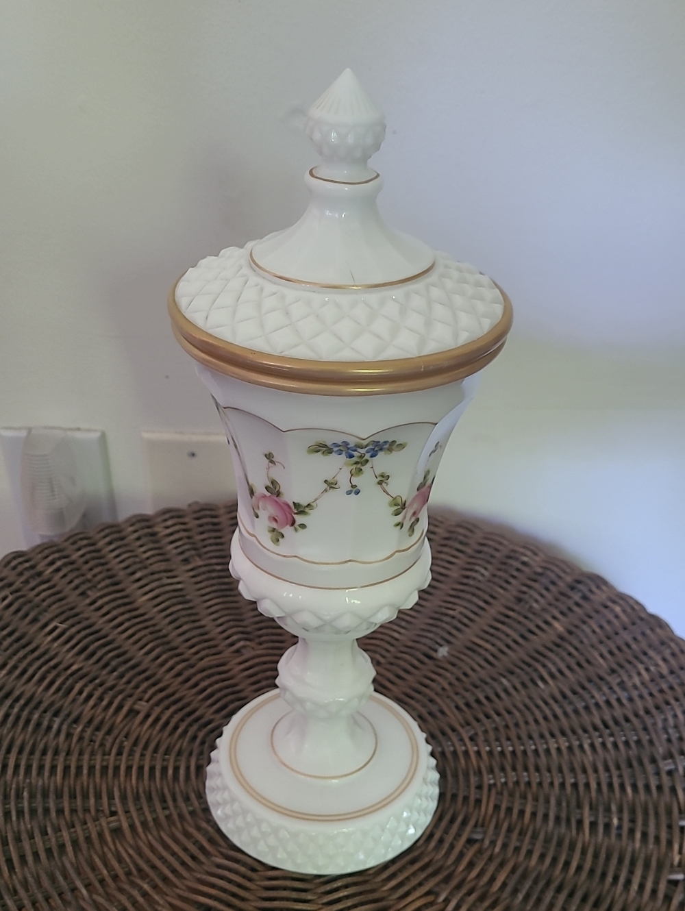 This item is a vintage Westmoreland Milk Glass urn and lid.